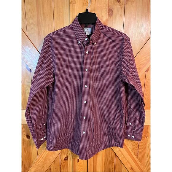 LL Bean Button Down Plaid Shirt Men’s Medium Reg Maroon Red Long Sleeve (2506) - Picture 1 of 3